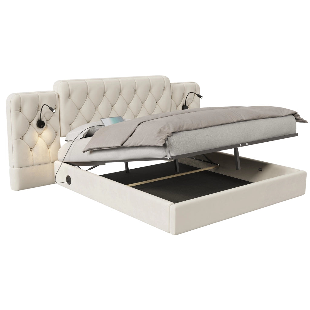 Telaio del letto imbottito 160x200cm con testiera lunga e lampada da scrivania in beige