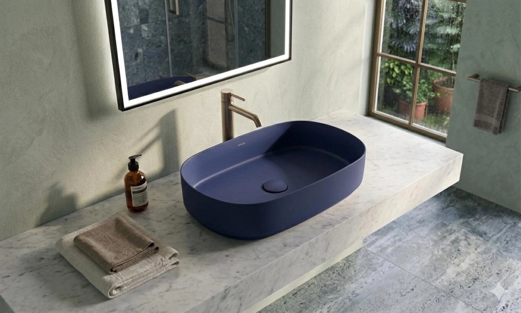 Lavabo ovale da appoggio senza troppo pieno in ceramica senza foro rubinetto - Blu Opaco