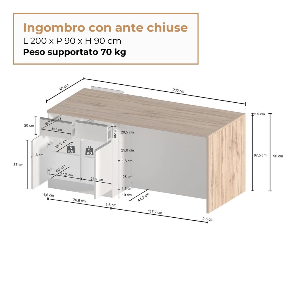 WHOUS Isola da cucina Sole a 4 ante e 4 cassetti antracite opaco/rovere 200x90x90 cm