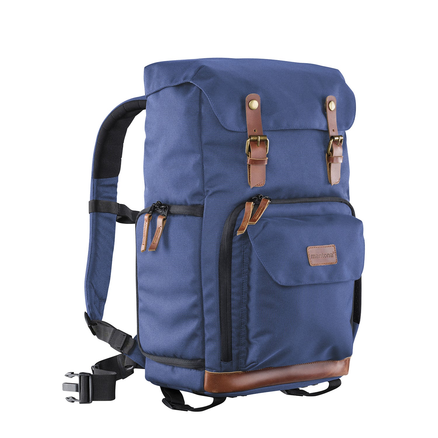 Mantona Luis Retro Zaino fotografico blu, per fotocamera con copertura antipioggia, borsa fotografica con scomparto per laptop, DSLR, 3 obiettivi e accessori fotografici