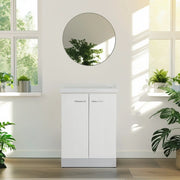 Mobile lavatoio 50x64 cm bianco con vasca in ceramica, fondo salvagoccia e asse in legno | Lavella