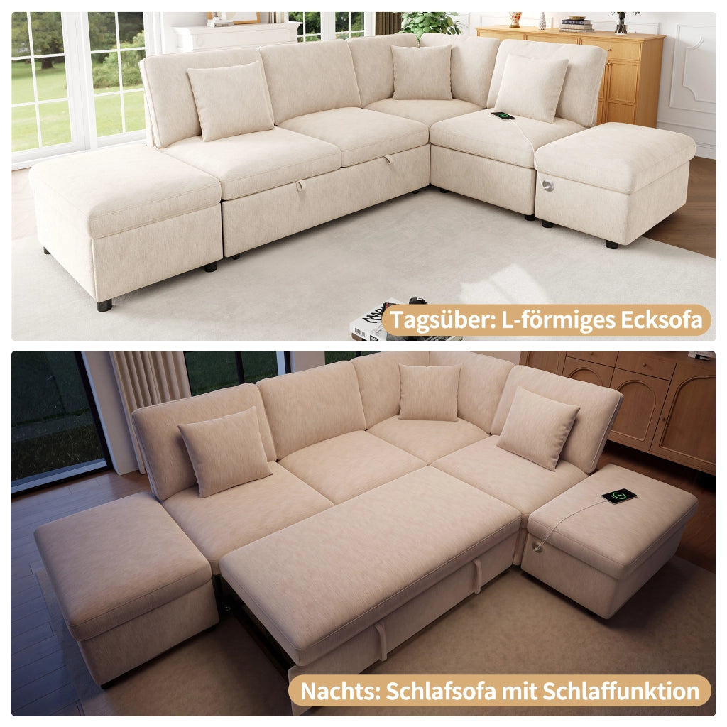 DIVANO ANGOLARE LETTO ESTRAIBILE 247,5x172x87 cm Chenille Beige con 2 pouf e 3 cuscini