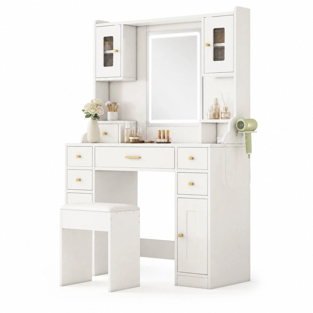 Tavolo da trucco bianco con specchio LED, 6 cassetti, 4 ante e prese integrate