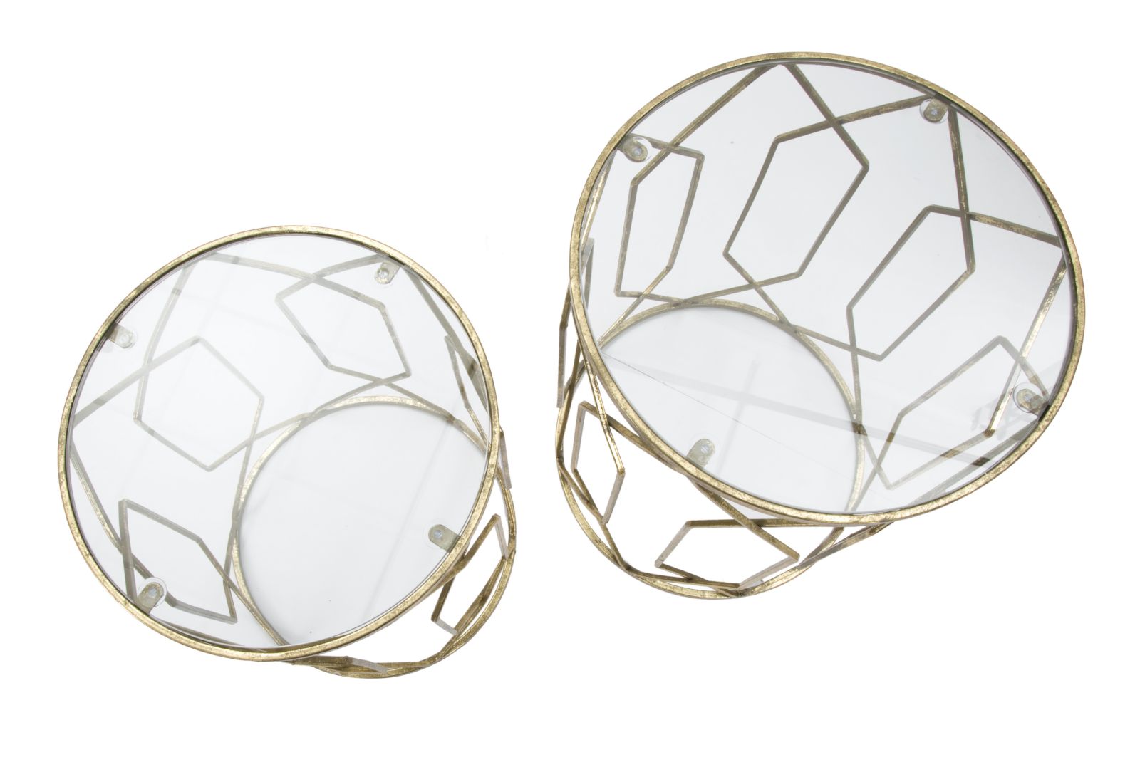 Tavolinetti Tunisi Coppia Ø42x53-38x47 cm in Ferro e Vetro Oro