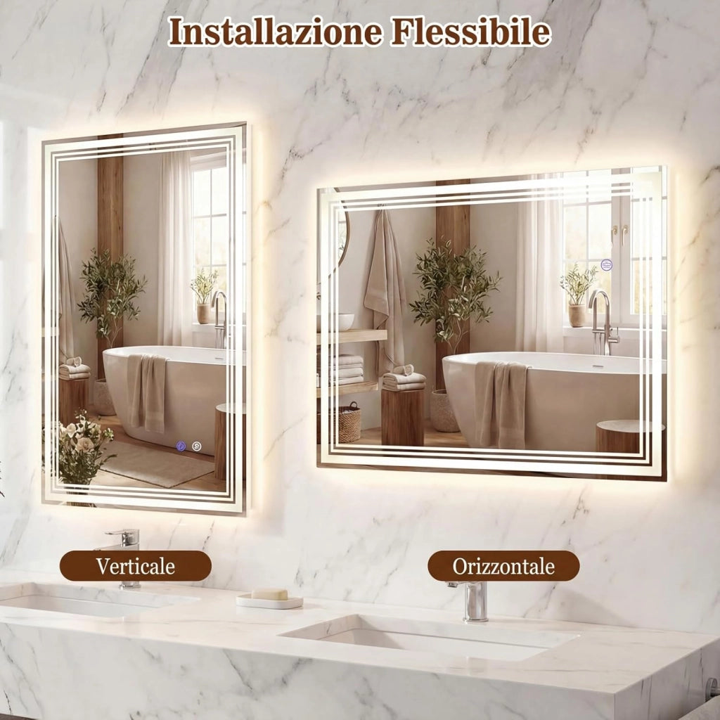 Specchio Bagno a LED Regolabile 70 x 50 cm, Specchio Rettangolare da Parete con Design Antiappannamento, Funzione Memoria, Controllo Touch, Vetro Temperato Infrangibile e Collegamento Fisso