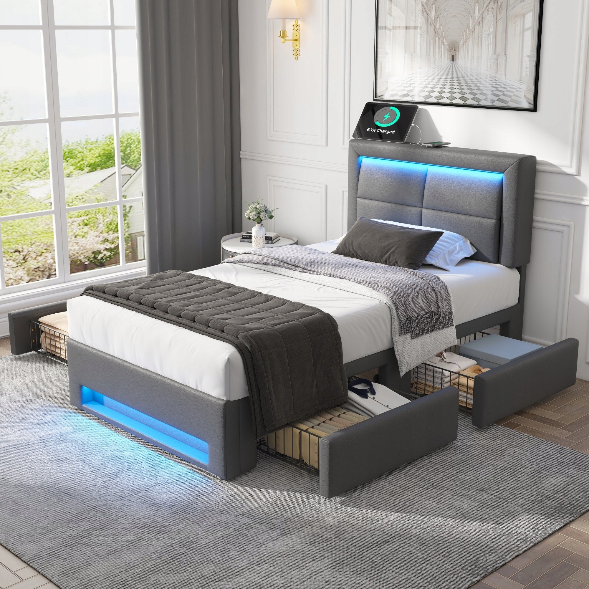 Letto singolo 90x200cm - Xylo - LED, Pelle Ecologica, Nero