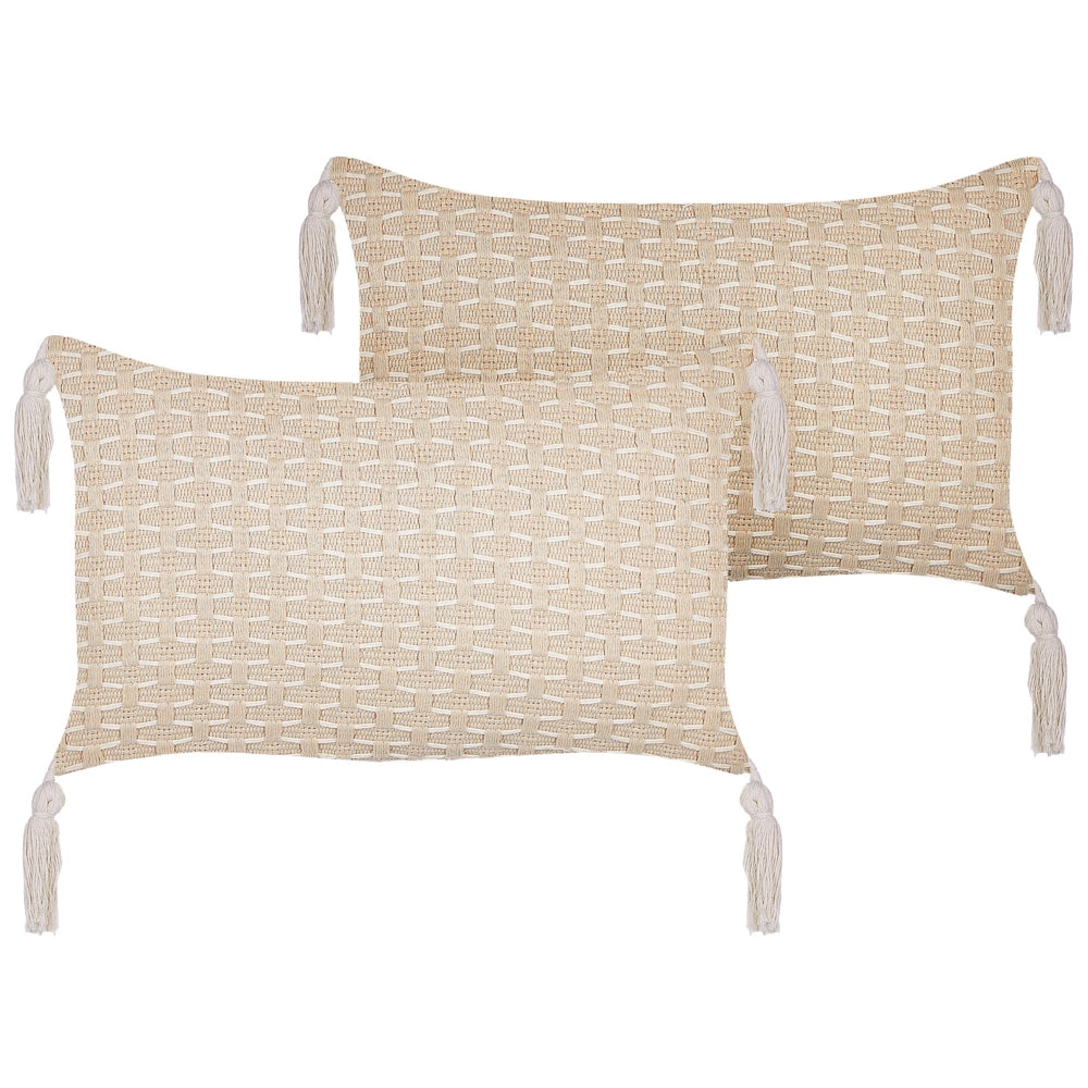 Set di 2 cuscini in tessuto di poliestere beige 45 x 25 cm con nappe e imbottitura soggiorno camera da letto
