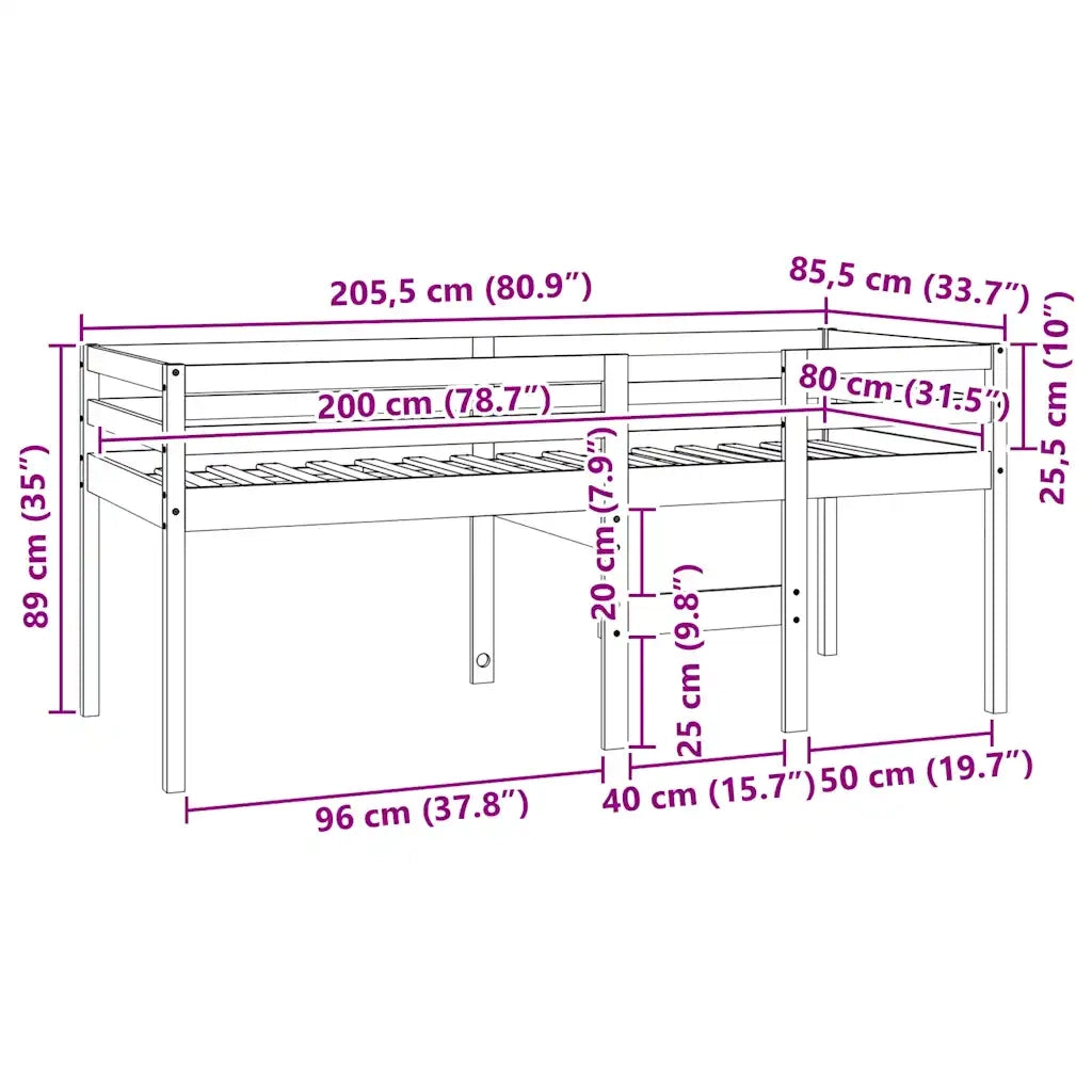 Letto a Soppalco Bianco 80x200 cm in Legno Massello di Pino 821610