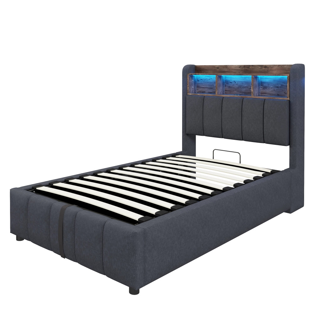 Letto imbottito singolo 90x200 cm con contenitore idraulico, LED RGB, USB e testiera con ripiani, grigio