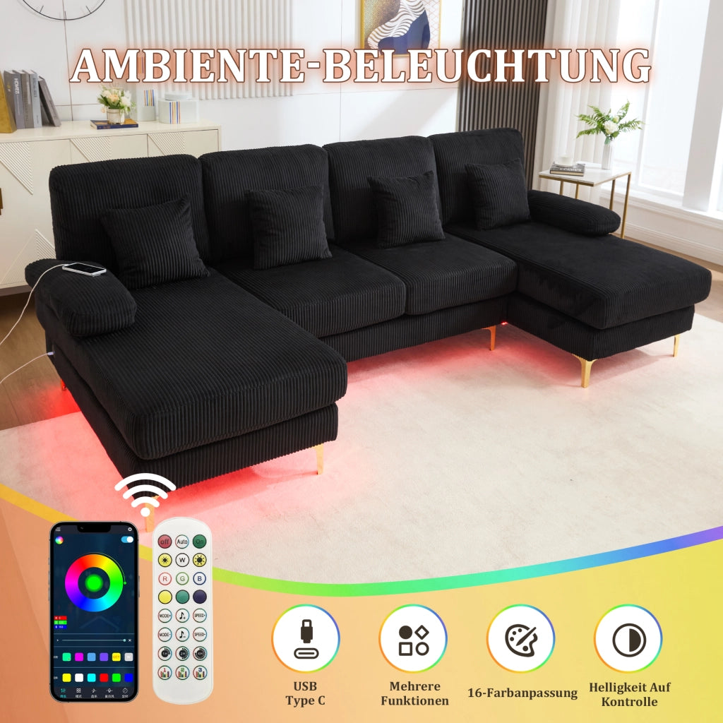 DIVANO a U in velluto nero 265x135x88 cm con LED e porta USB