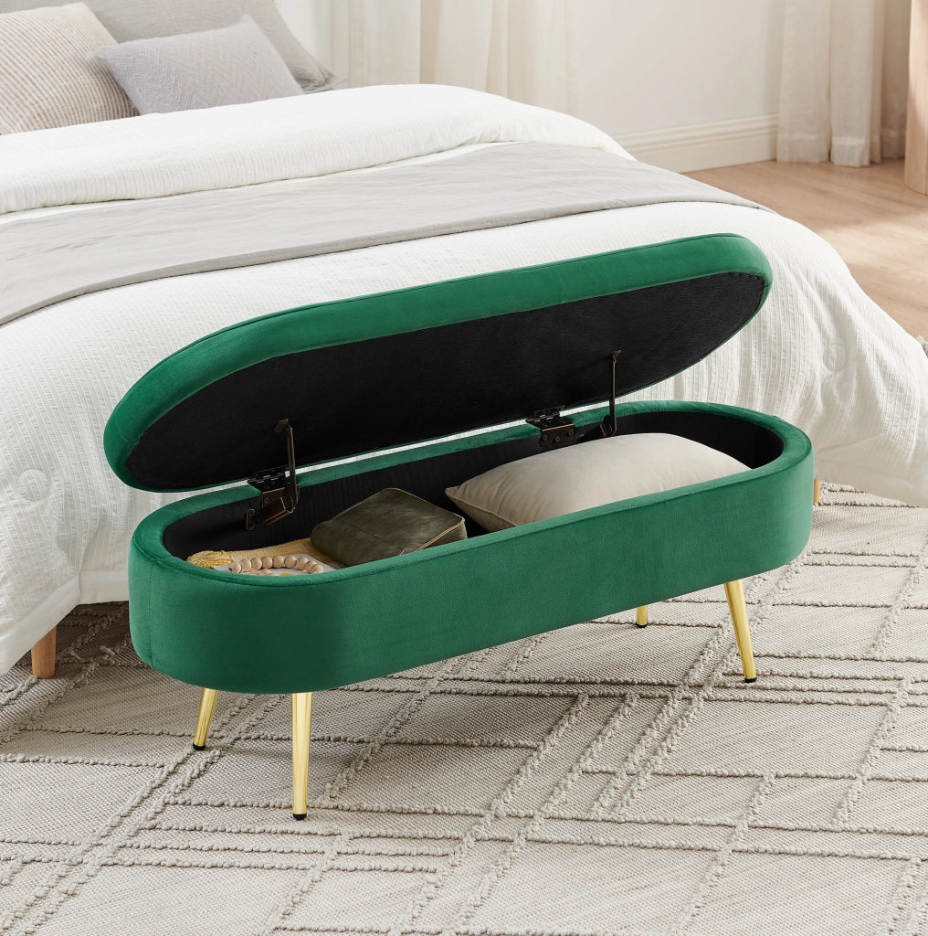 Panca contenitore ovale in velluto verde scuro 110x40x42 cm con base in metallo