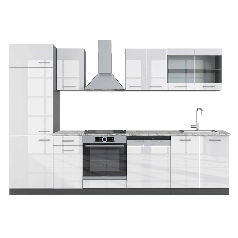 Cucina componibile R-Line Bianco lucido/Antracite 300 cm, PL Marmo Vicco