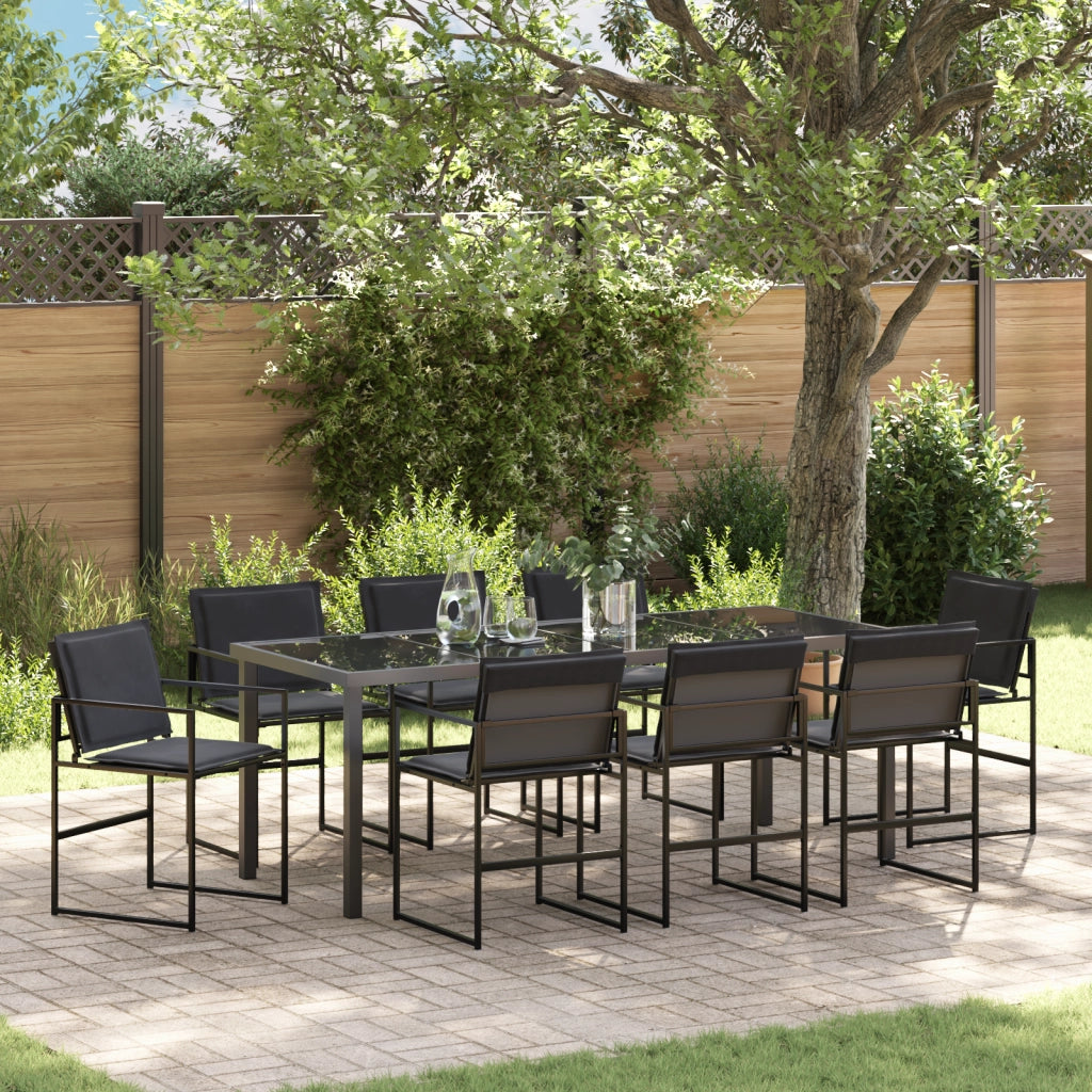 Set da pranzo da giardino in 9 pezzi con cuscini neri in Textilene e acciaio