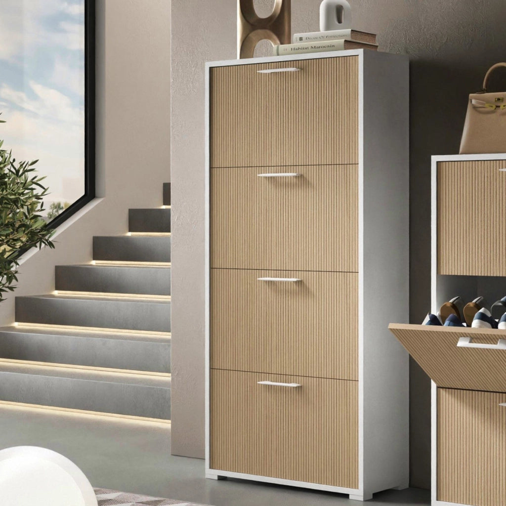 Mobile Portascarpe Aristolochia, Scarpiera Cassetti Made in Italy, 28.00x67.00x147.00h cm Bianco Cannettato