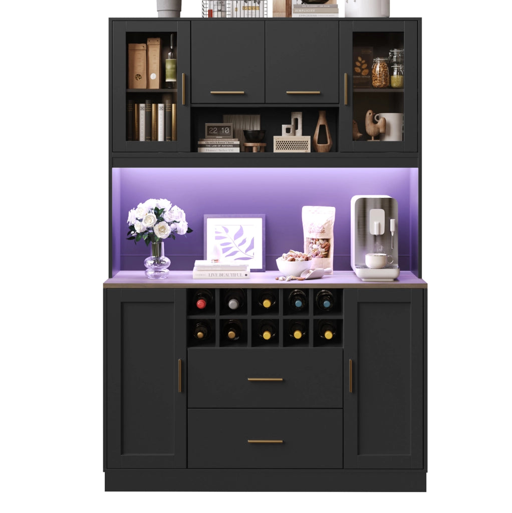 Credenza 120x36,3x180 cm nera in MDF, 6 ante con LED e prese USB