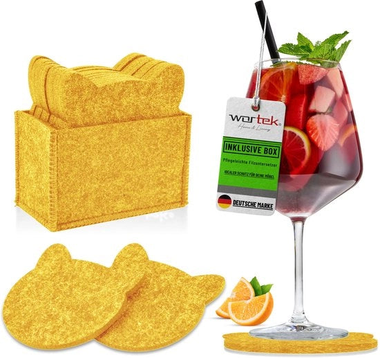 Set di 10 sottopiani in gomma per bicchieri, gialli, a forma di gatto, con scatola di conservazione, sottopiani in gomma per bicchieri, tazze, bar, bicchiere - Ø 10 cm, sottopiani per tavolo.