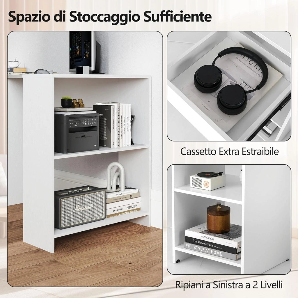 Scrivania ad Angolo per Computer 120 x 60 cm, Scrivania a Forma di L con Ripiani e Cassetto, Scrivania Angolare Gaming Salvaspazio per Ufficio, Studio e Cameretta, Bianco