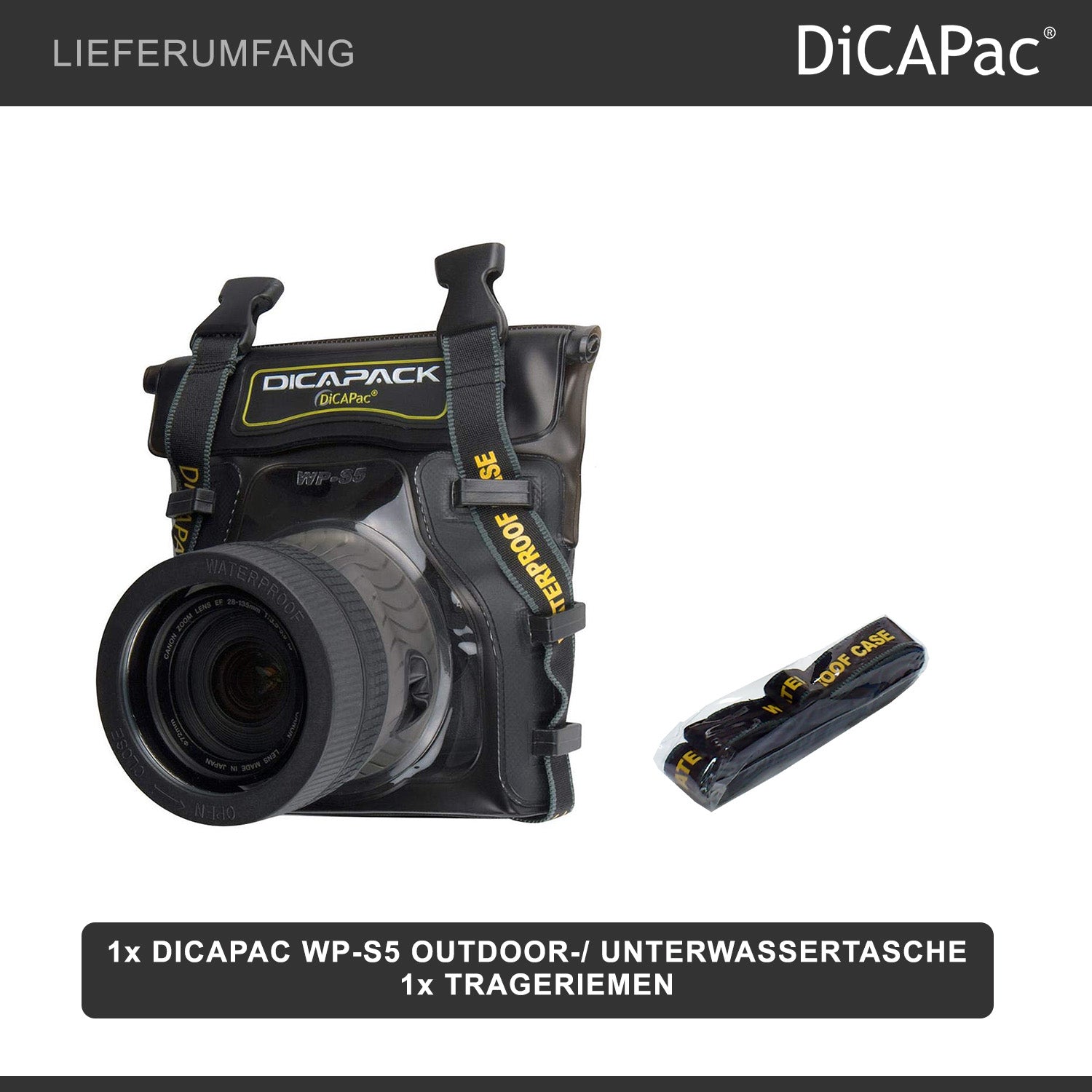 DiCAPac WP-S5 Borsa impermeabile per fotocamera con obiettivo, custodia subacquea, protezione dall'acqua fino a 5 metri di profondità, nera e marrone scuro