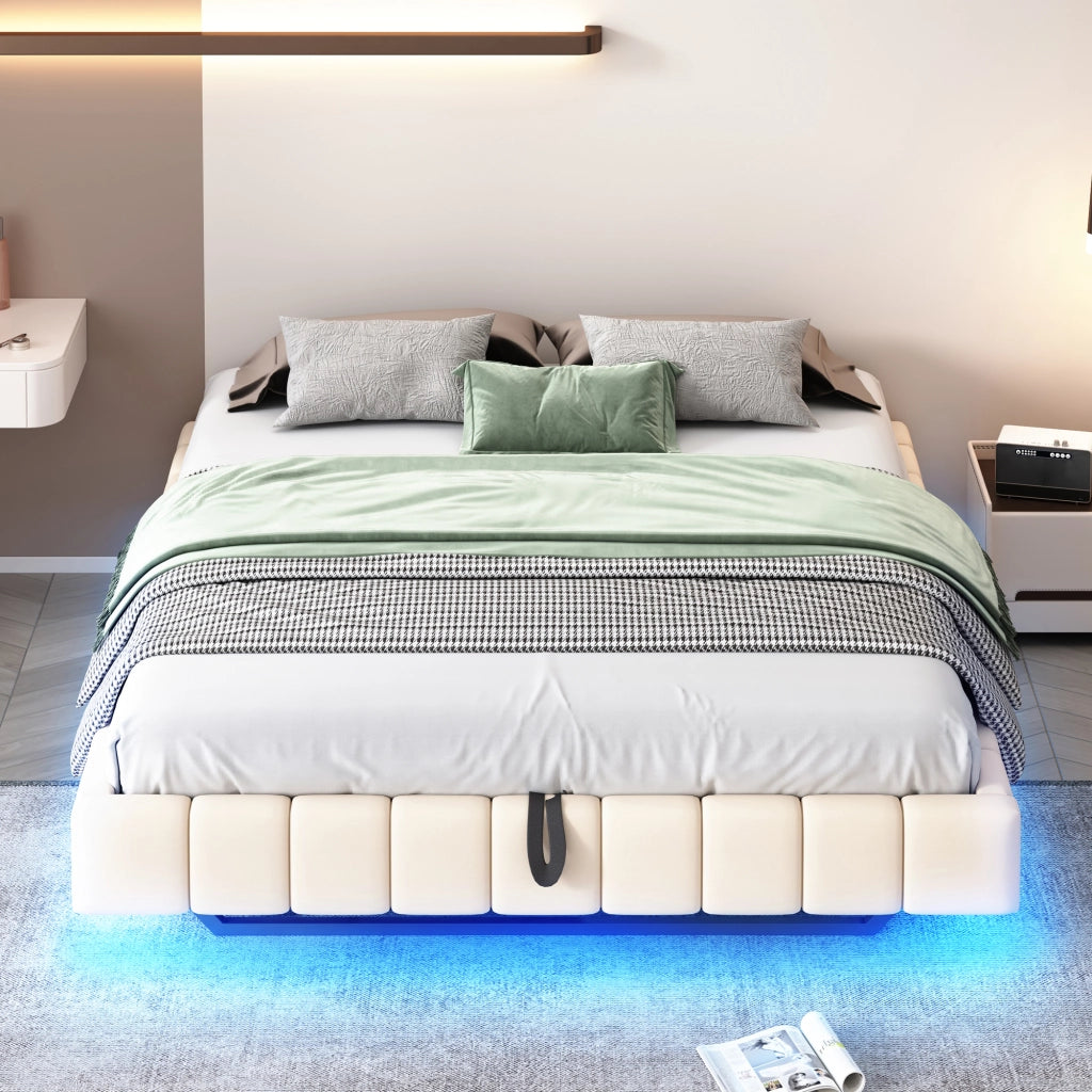 OKWISH Letto Contenitore 160×200 cm, Letto Matrimoniale con LED Regolabile e Vano Contenitore a Sollevamento, senza Materasso, Beige