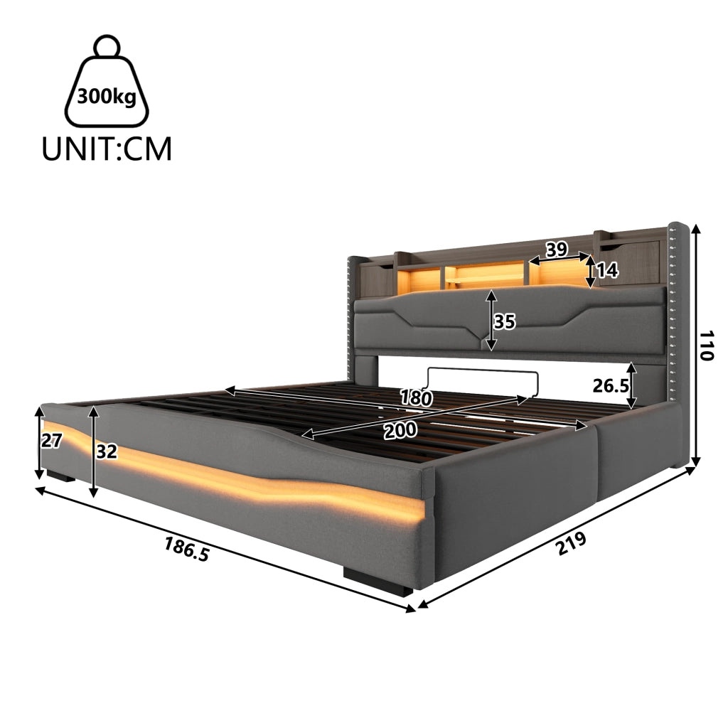 Letti contenitori 180x200 cm; rialzo idraulico e luci LED; lino e MDF grigio (Senza materasso)
