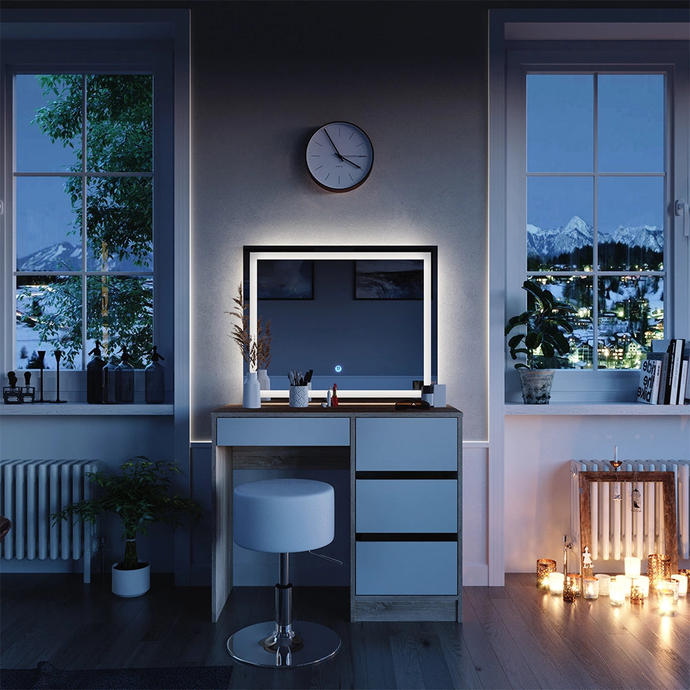 Vicco Tavolo da toeletta Sonoma 40 cm con specchio LED e sgabello