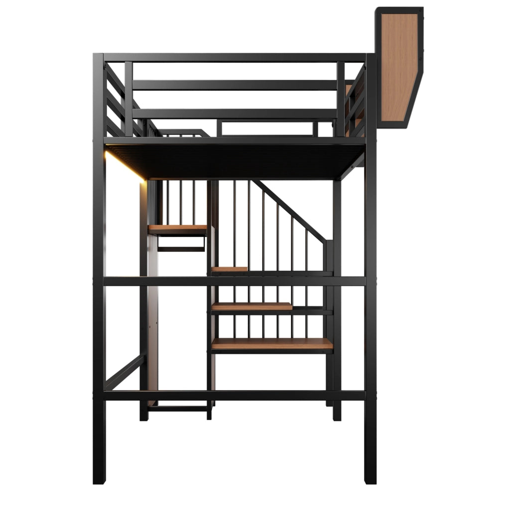 Letto a soppalco 90x200 cm con LED e scala di sicurezza in metallo nero