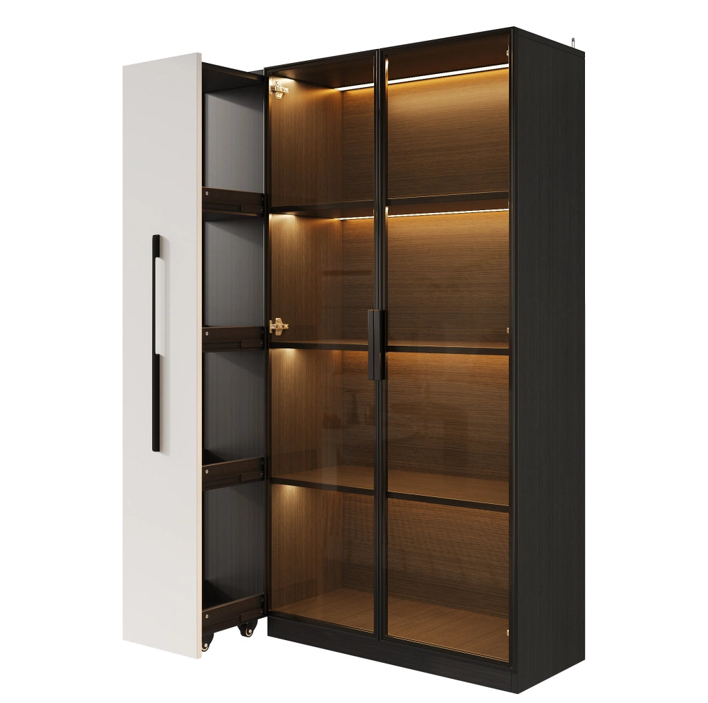 Vetrina moderna con LED e anta in vetro; 110;5 x 35 x 160 cm; MDF e vetro; nero e bianco