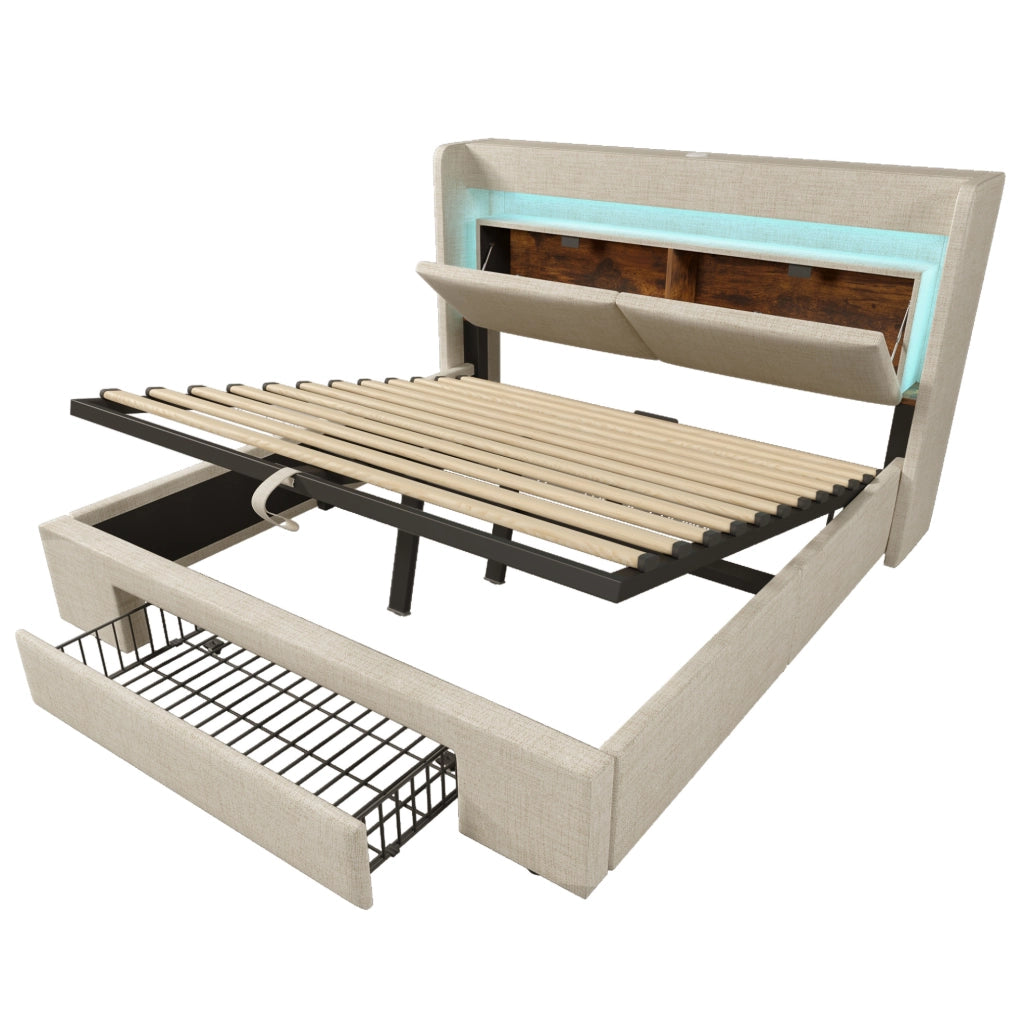 Letto matrimoniale 160x200 cm con contenitore idraulico; LED; USB e USB-C; beige in lino; con materasso