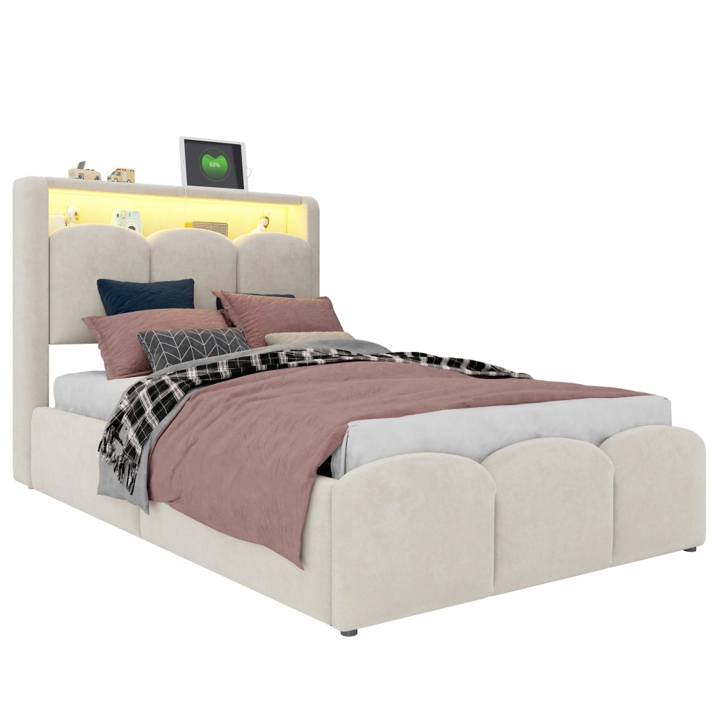Letto imbottito 90x200 cm in tessuto effetto velluto beige con LED; USB e vano contenitore