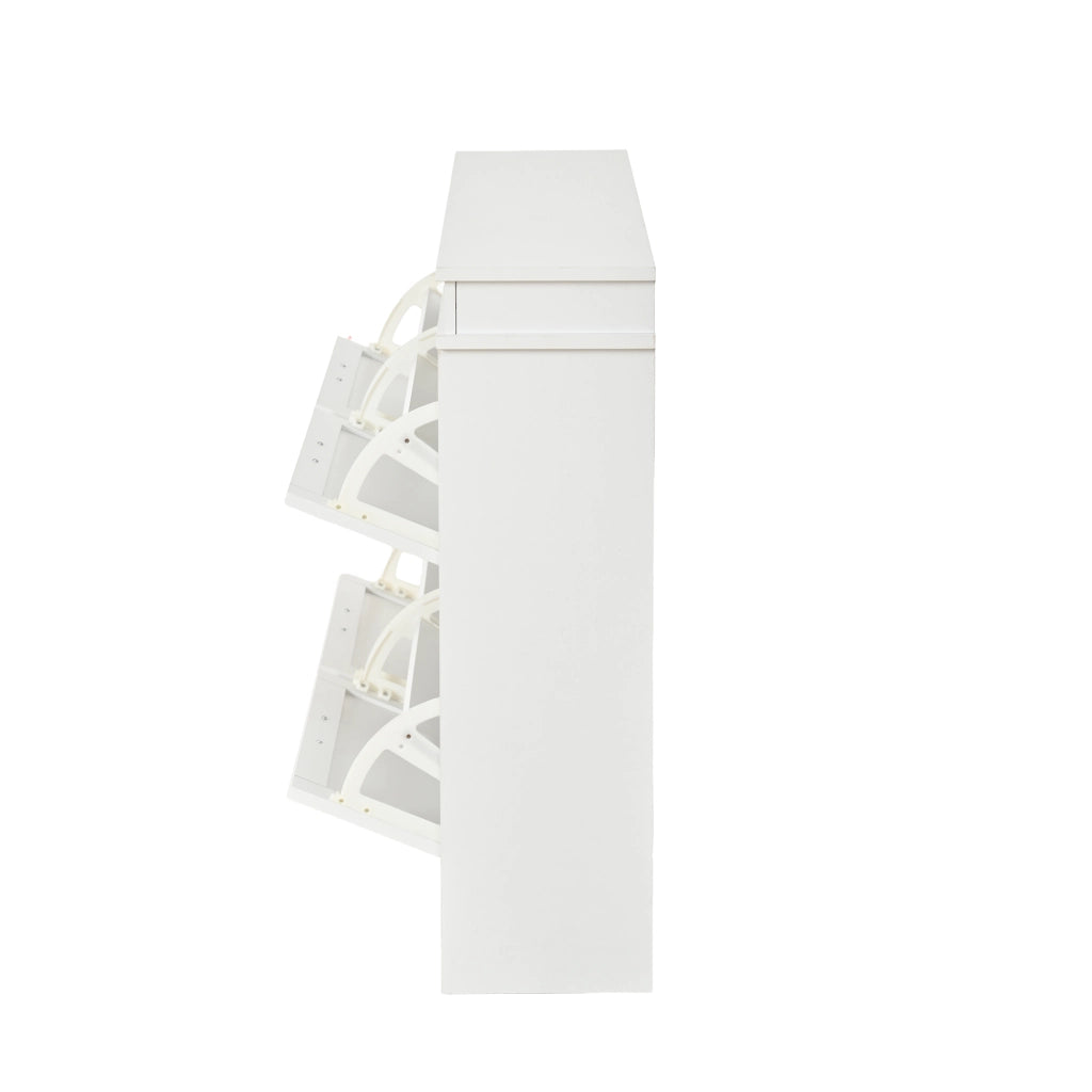 Scarpiera 105x24x83 cm con 4 ante a ribalta e 8 ripiani in MDF bianco