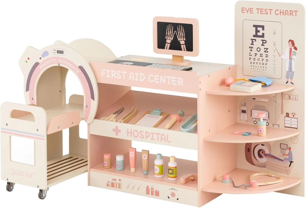 Set Gioco Dottore per Bambini, Medico Giocattolo in Legno con Tabella Oculistica, Macchinario CT e Radiografie, Gioco di Ruolo Medico Educativo con Accessori per Bambini 3+ Anni (Blu)