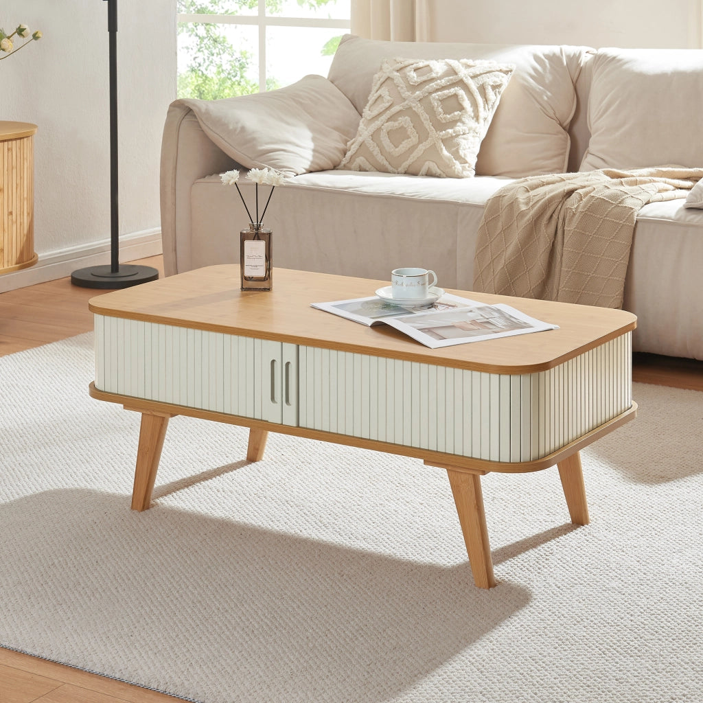 Tavolino Tysvær da Salotto con 2 Ante Scorrevoli in Bambù - Naturale / Bianco Crema [en.casa]