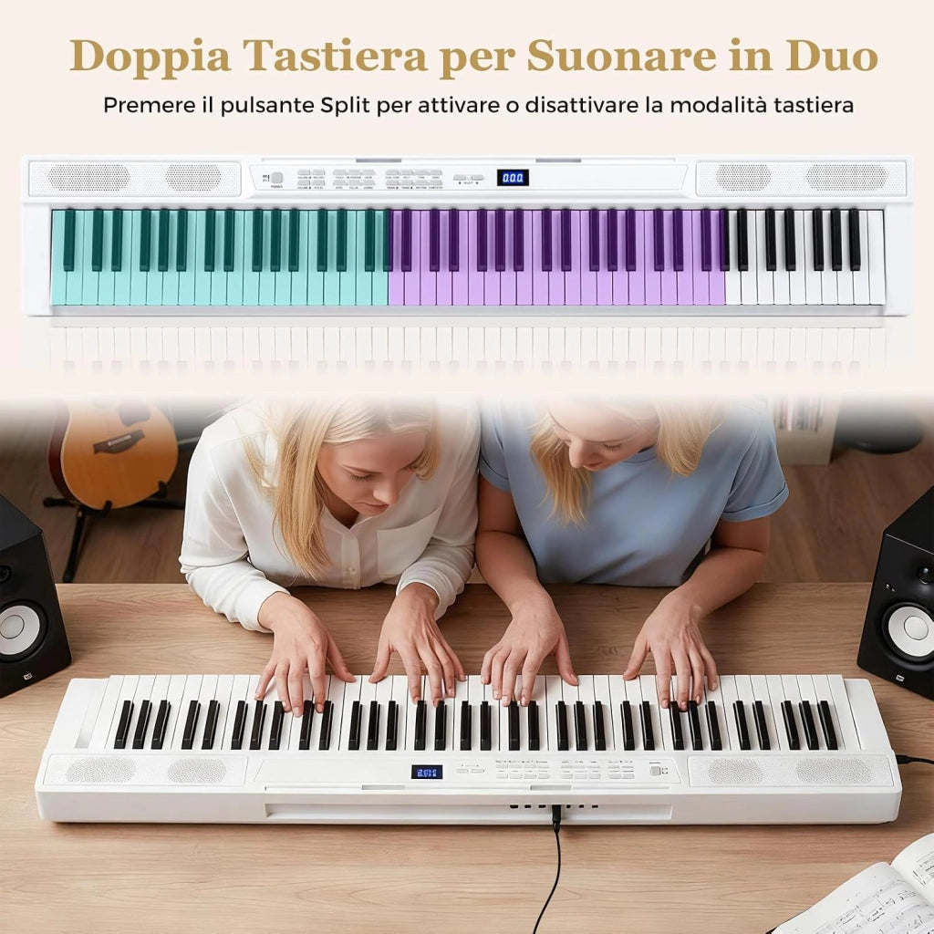 Tastiera Pianoforte Elettrico a 88 Tasti, Piano Digitale con Supporto e Sgabello Regolabili, Tastiera Sensibile, Tasti e Pulsanti Illuminati, Funzione MIDI, Pedale di Sustain, Cuffie (Bianco)