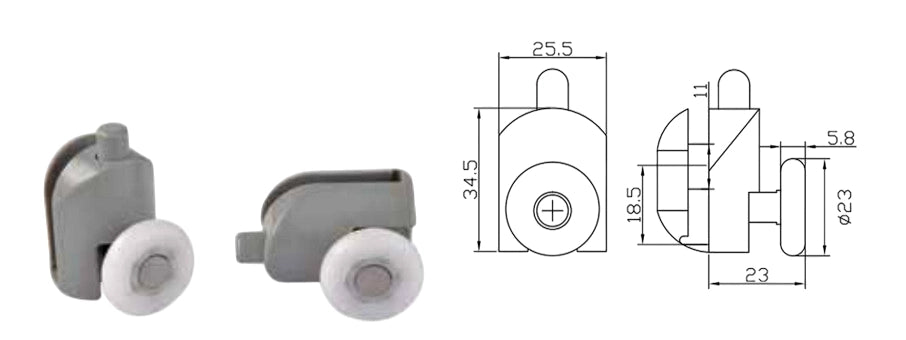 Coppia Cuscinetti Singola Ruota Attacco Inferiore Box Doccia – Nylon Grigio Ø23 mm – Foro Vetro 12 mm