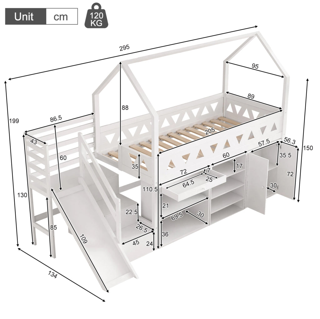 Letto per bambini 90x200 cm con scivolo; scala e cassetti; in legno massiccio bianco
