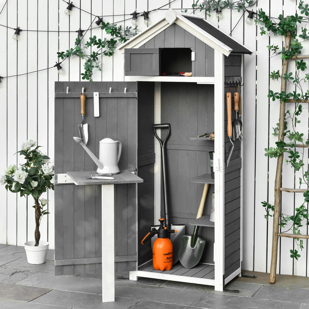 Armadio da giardino in legno con porta, tetto inclinato, ripiano interno e tavolino pieghevole, grigio scuro 78 × 52,5 × 182 cm