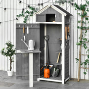 Armadio da giardino in legno con porta, tetto inclinato, ripiano interno e tavolino pieghevole, grigio scuro 78 × 52,5 × 182 cm