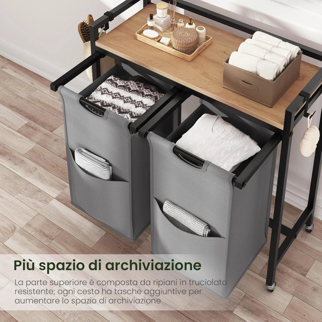 Cesto Portabiancheria, 2 Sacchi in Tessuto Oxford Rimovibili, Porta Biancheria, Struttura in Metallo, per Bagno e Lavanderia, 70x30x71cm, Capacità 40L per Cesto