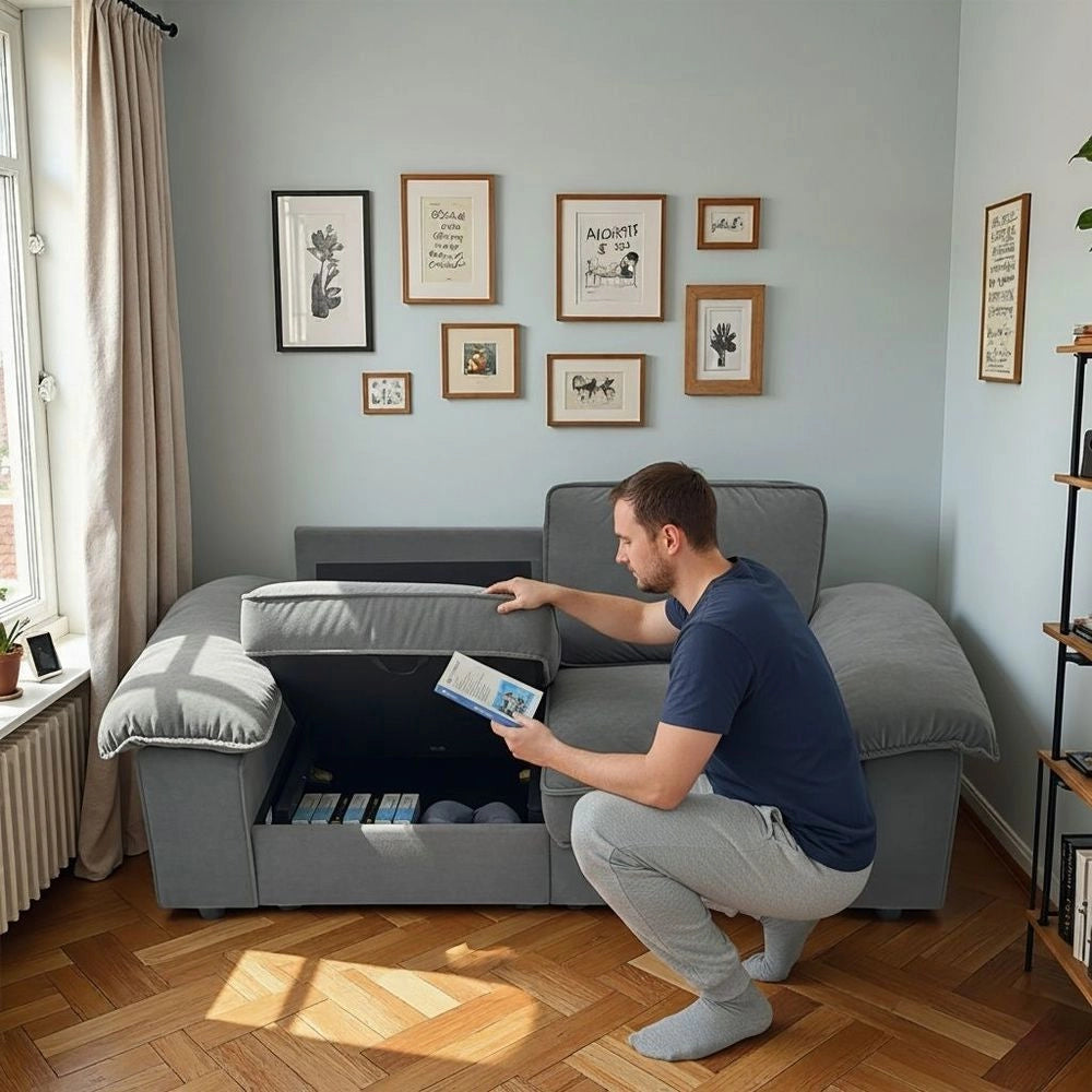 Divano 2 posti con contenitore - Xylo - Design cloud, tessuto morbido, grigio