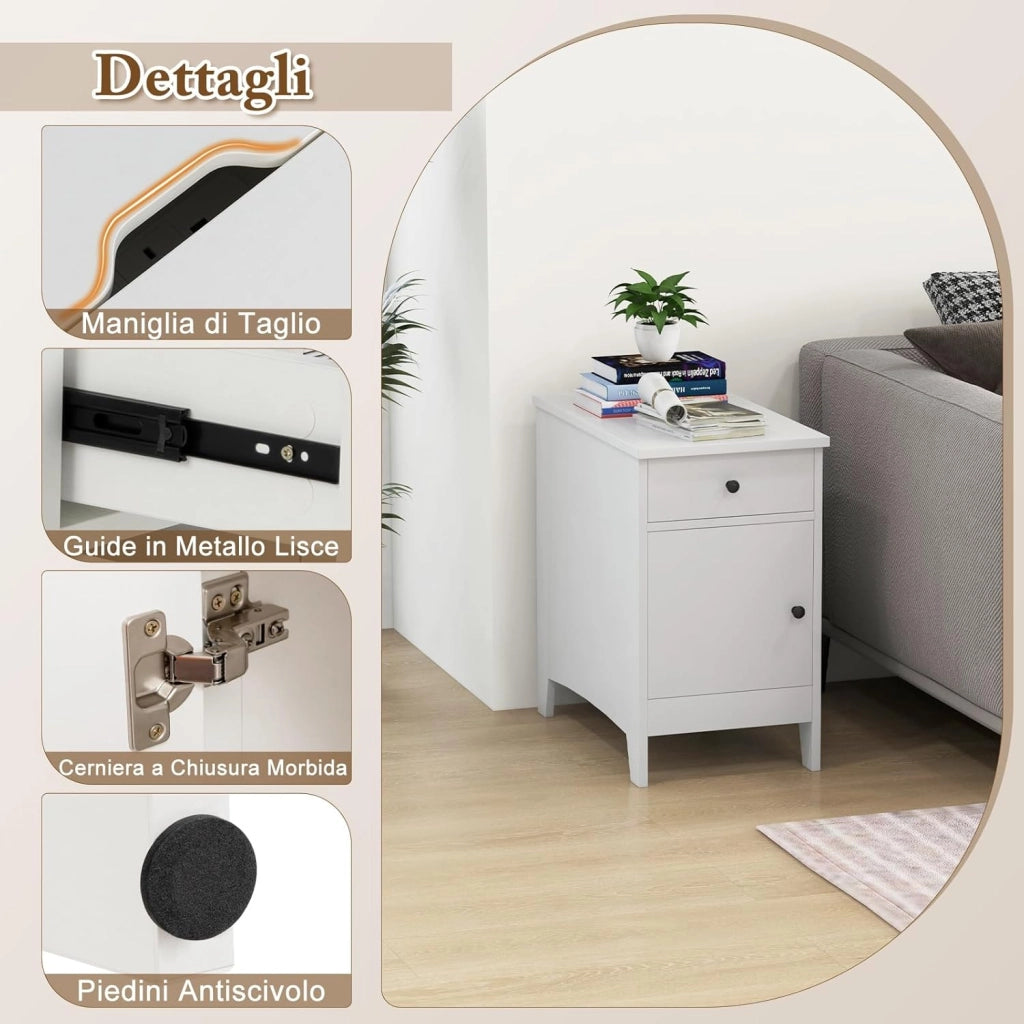 Tavolino Laterale con Stazione di Ricarica, Tavolino con Porte USB e Prese, Cassetto, Armadietto di Stoccaggio e Porta Riviste, Comodino per Camera da Letto e Salotto (Bianco)