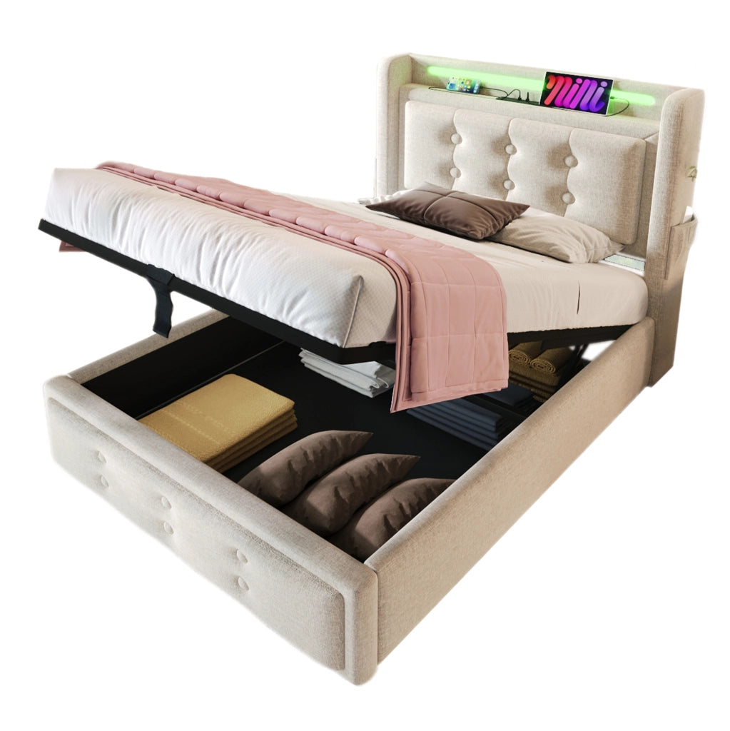 Letto imbottito 90x200 con testiera LED, prese USB e contenitore