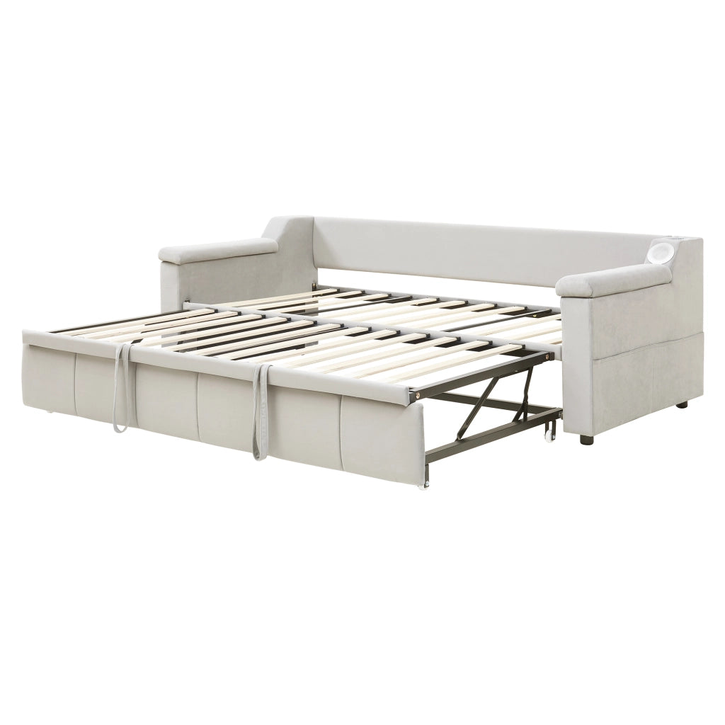 OKWISH Letto a Scomparsa 90×190 cm, Letto Singolo con Bluetooth, USB, Vani Portaoggetti e Braccioli, senza Materasso, Beige