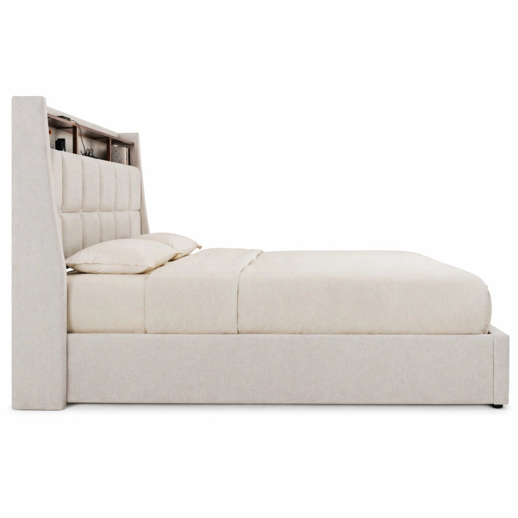 Letto imbottito 140x200 cm con LED, USB e contenitore, colore beige chiaro