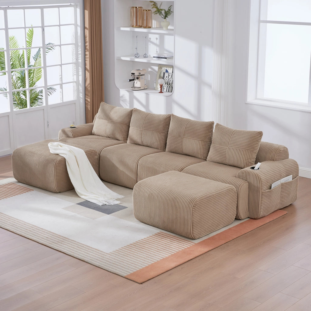 Divano Modulare 4 Posti con Poggiapiedi ¨C MINIMAL ¨C Tessuto, Beige/Khaki, con Portabicchieri