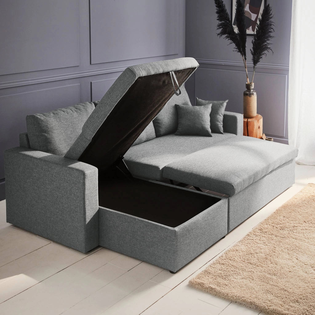 Divano letto angolare reversibile con contenitore, 3 posti, grigio