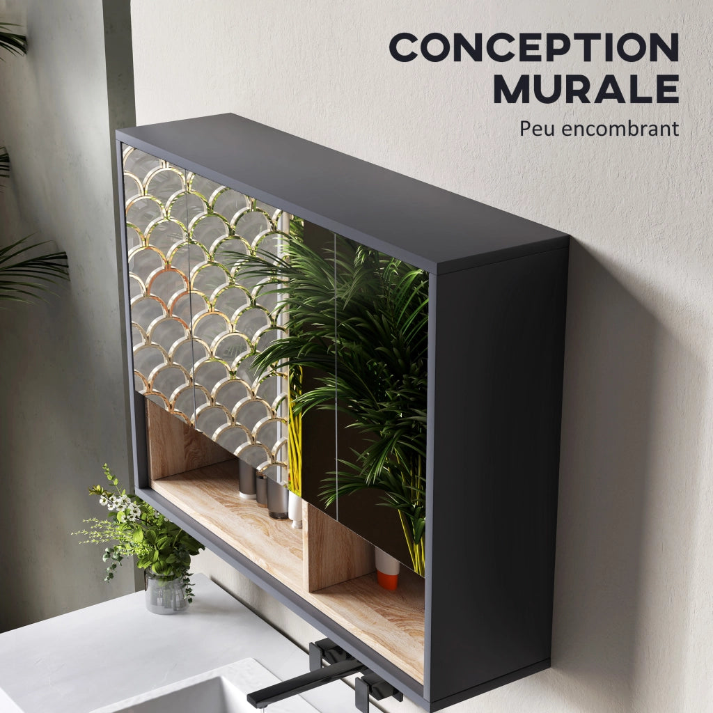 Mobile da Bagno con Specchio e Armadietto ¨C Zephmum ¨C Grigio, Legno Multistrato, 3 Ante, 8 Ripiani