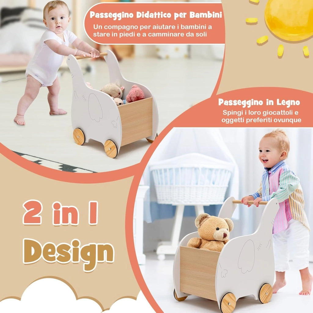 Carrellino Primi Passi per Bambini in Legno, Carrello Portagiochi Design 2 in 1 con Ruote in Gomma, Ideale per Bambini e Bambine con Età più di 3 Anni, 32 x 48 x 56 cm, Grigio (Bianco)