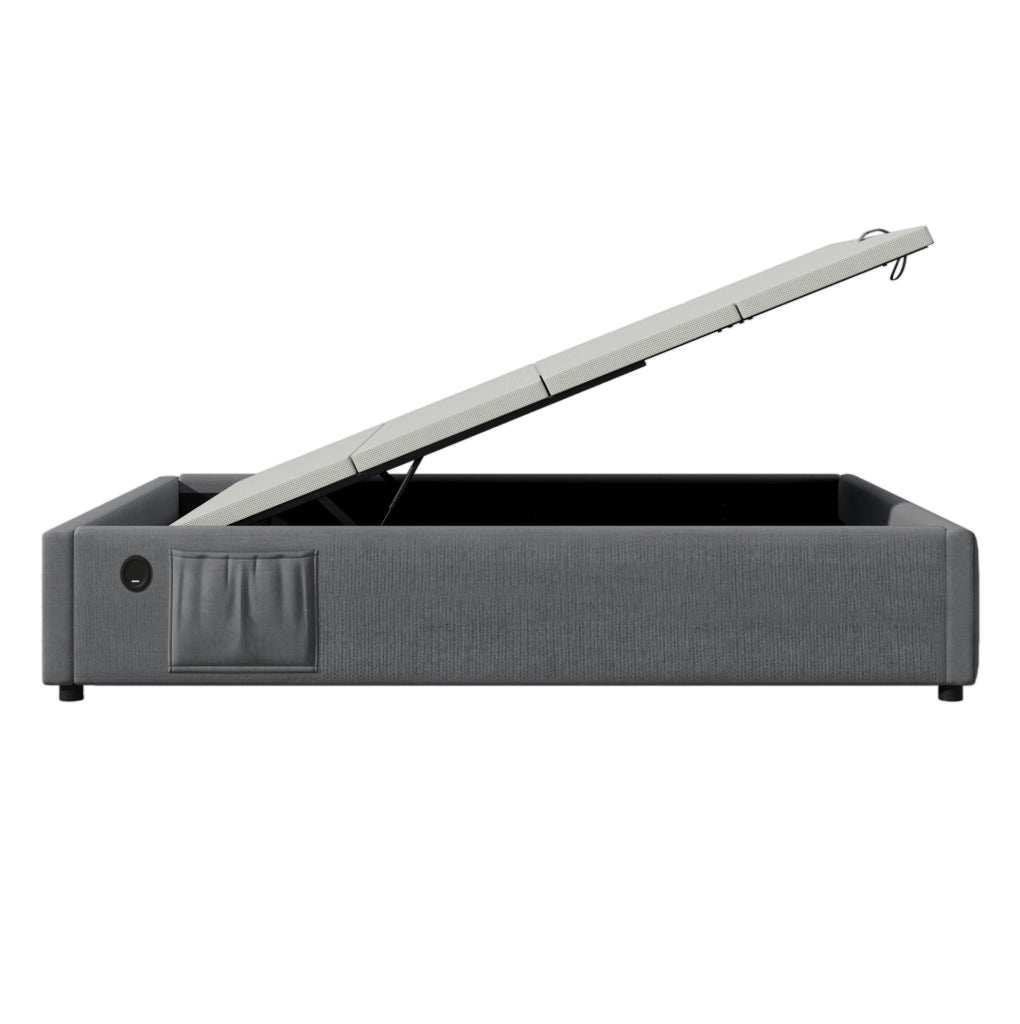 Letto contenitore singolo ULEVR 90x190 cm con sollevamento idraulico, USB e Type-C, rivestimento grigio