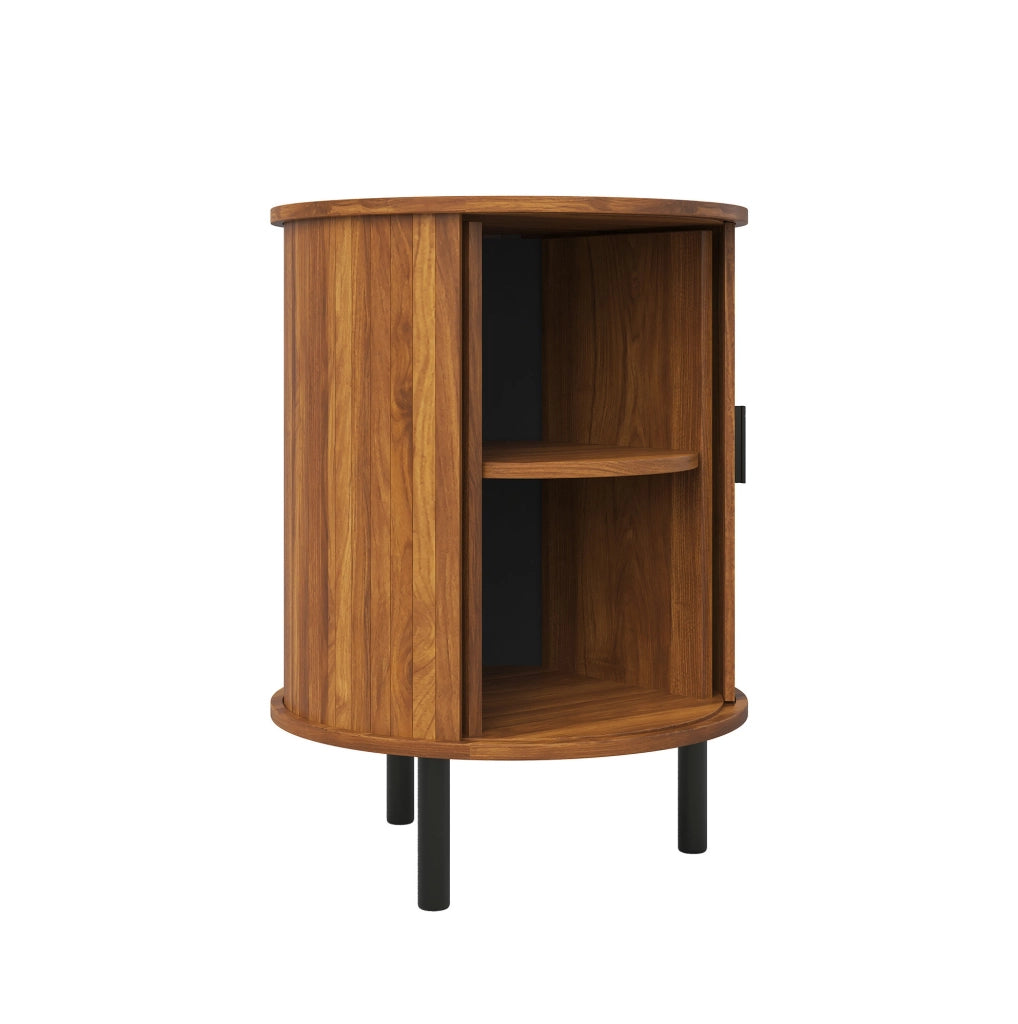 Mobiletto rotondo 48x48x65 cm con anta scorrevole e ripiano interno; MDF e truciolare; noce