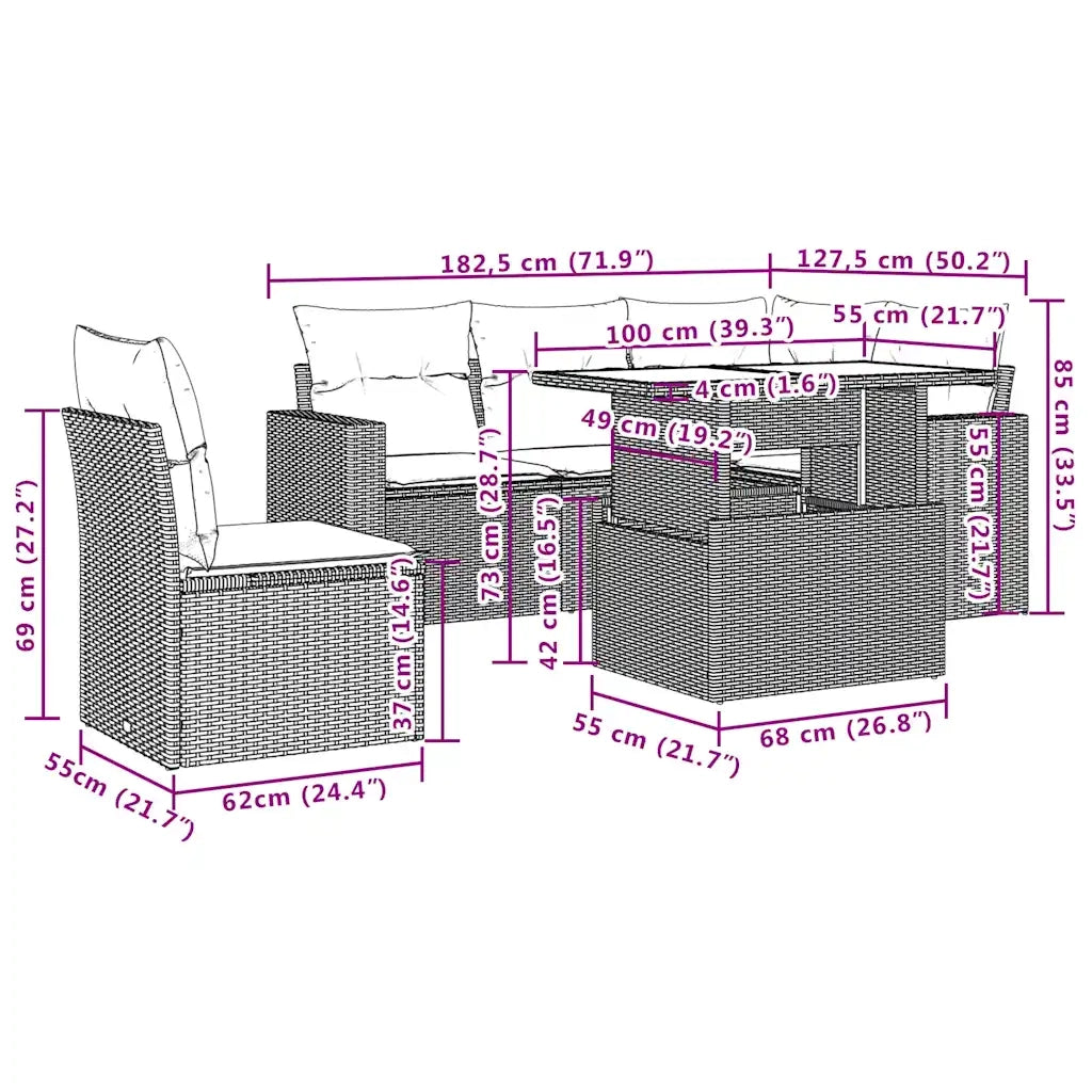 Set Divano da Giardino 6pz con Cuscini Grigio Chiaro Polyrattan